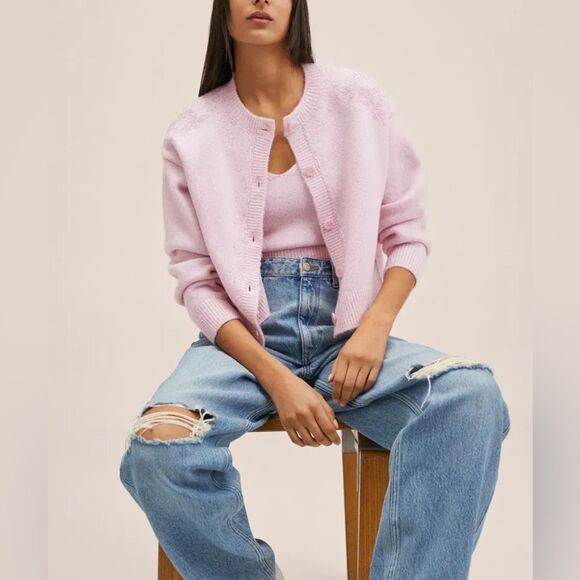 NWT MNG Textured Knit Beaded Button Front Cardigan in Pastel Purple/Pink size S - Picture 1 of 16